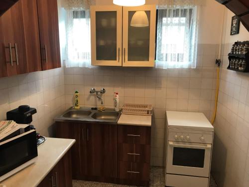 a small kitchen with a sink and a stove at Attila Vendégház in Kiskunmajsa