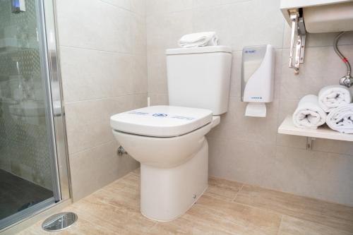 a bathroom with a toilet and a shower and towels at Petit Malaga Congress in Málaga