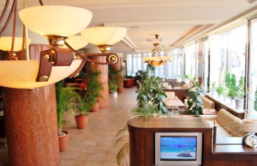 a lobby with potted plants and a television at Hotel New Yokosuka in Yokosuka