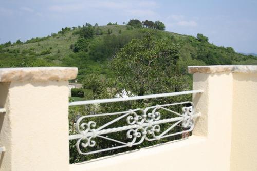 a balcony with a view of a mountain at Terra Mirna in Vižinada