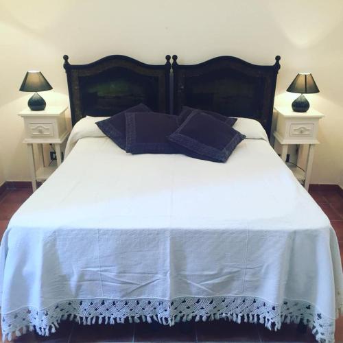 a white bed with blue pillows on top of it at Villa Castelluccio in Carpinteri