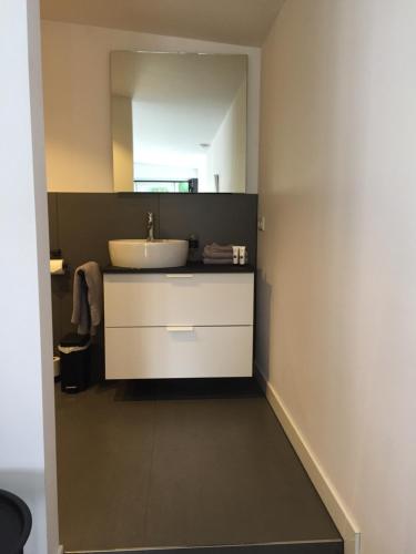 W łazience znajduje się umywalka i lustro. w obiekcie Beach lodge w Zandvoort