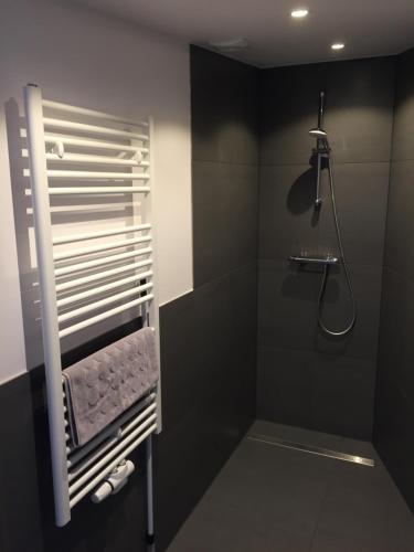 a black bathroom with a shower and a towel rack at Beach lodge in Zandvoort