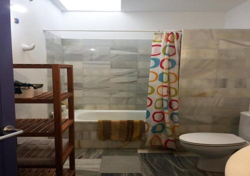 ロダルキラルにあるCasa Guadalquilarのバスルーム(シャワーカーテン、トイレ付)