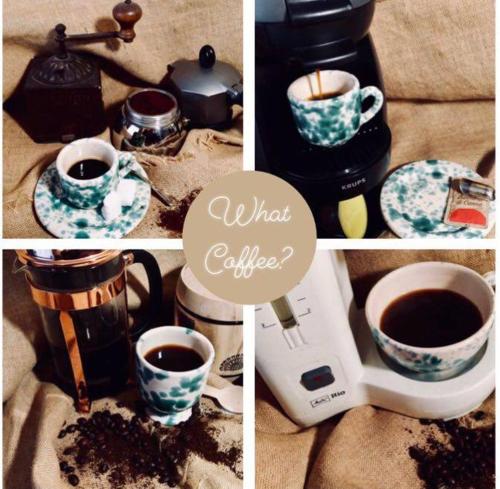 a collage of pictures of coffee and a coffee maker at B&B re apartments Palazzo Muscati in Molfetta