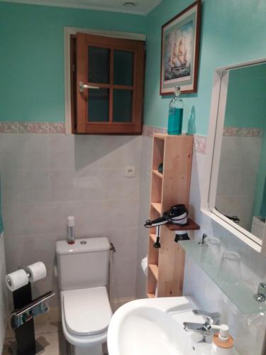 a bathroom with a toilet and a sink and a mirror at Le Patronage in Bazoges-en-Pareds