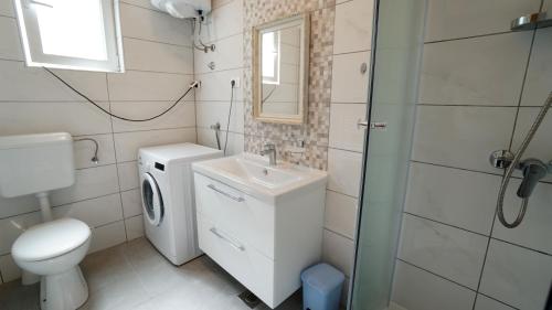 a bathroom with a toilet sink and a washing machine at Apartment Ana in Vinjerac