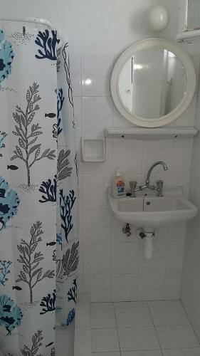 baño con lavabo y cortina de ducha en Galanis Place, en Antíparos