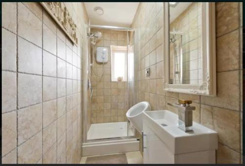 a bathroom with a sink and a shower and a tub at The Hideout ! in Dublin
