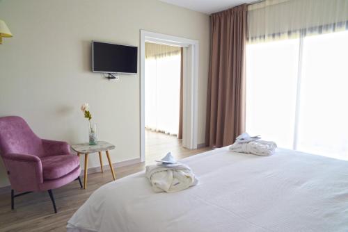 a hotel room with a bed, television and a chair at TRH Paraíso in Estepona