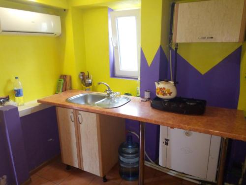 una pequeña cocina con lavabo y espejo en Домик у моря en Odesa
