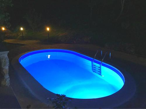 a blue swimming pool in a yard at night at Holiday Home Deni in Roč