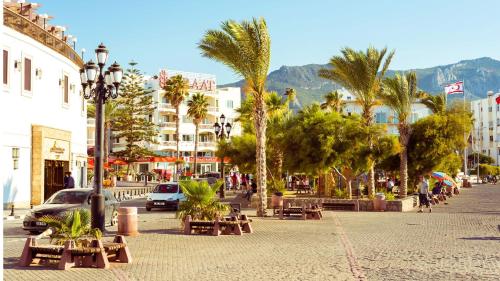 une rue avec des bancs et des palmiers dans une ville dans l'établissement Lord's Residence Boutique Hotel, à Kyrenia