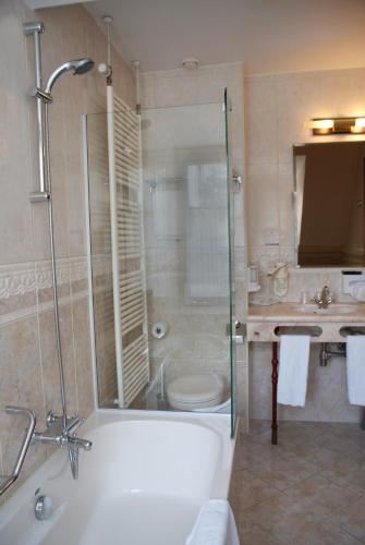 a bathroom with a shower and a tub and a toilet at Fletcher Hotel-Restaurant de Dikke van Dale in Sluis