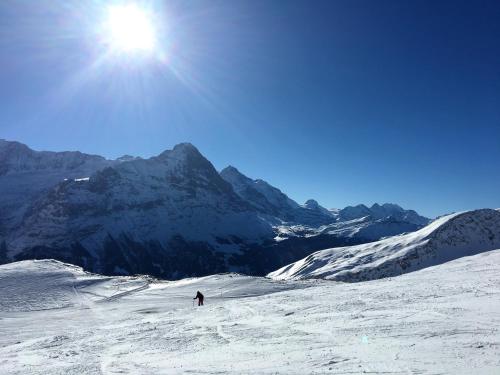 a person is skiing down a snow covered mountain at Locherboden in Grindelwald