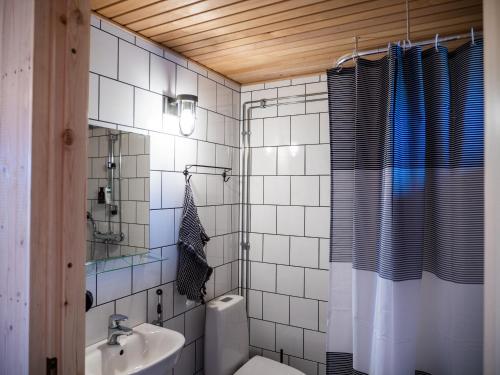 a bathroom with a sink and a toilet and a shower at Haapala Brewery restaurant and accommodation in Vuokatti