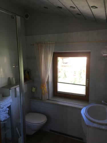 a bathroom with a toilet and a window at Haus Waldruh in Niederau