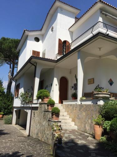 a white house with potted plants on the steps at B&B La Villa Mediterranea in Passirano