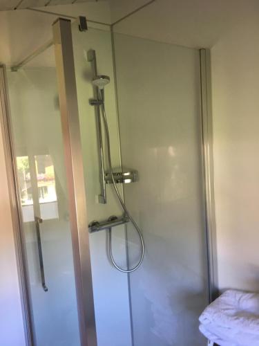 eine Dusche in der Ecke eines Zimmers in der Unterkunft Haus Waldruh in Niederau