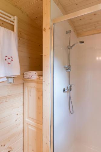 - une salle de bains pourvue d'une douche dans une cabine en bois dans l'établissement ROULOTTE DE CHARME 