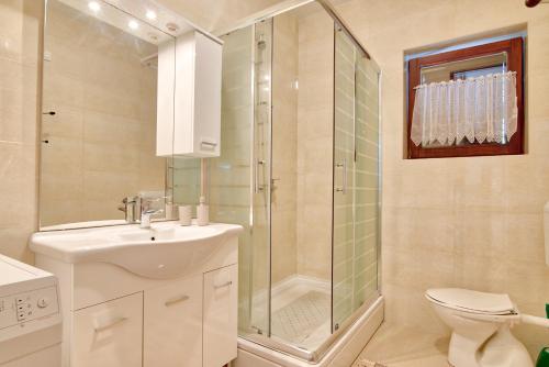 bagno con doccia, lavandino e servizi igienici di Apartment Maja a Štinjan