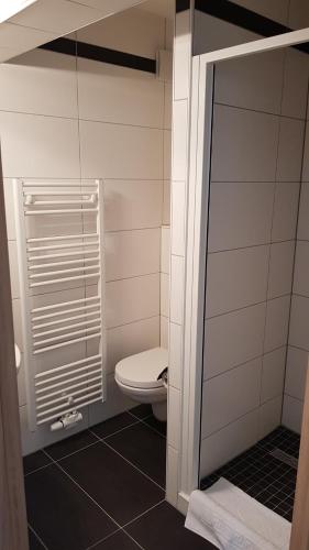 a bathroom with a toilet and a glass door at Hotel Elb Blick in Jork