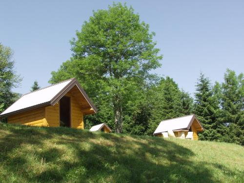 a cabin on top of a grassy hill at Tara Place - Camp Rabrenovic in Mojkovac