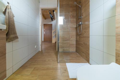 a bathroom with a shower stall and a toilet at Domki Lawendowe in Łeba