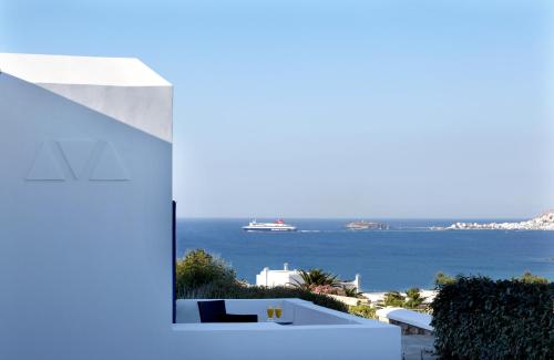 a view of the ocean from a house at Hotel Mediterranean in Stelida