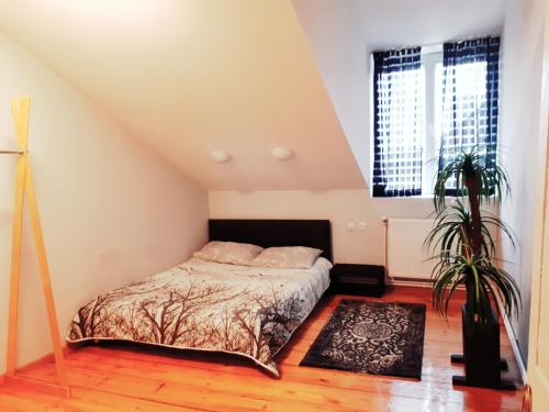 a bedroom with a bed and two potted plants at Karin House in Tbilisi City