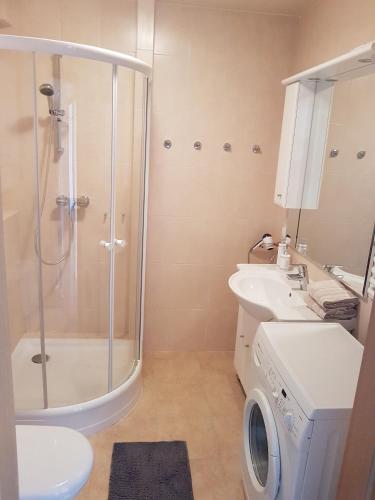 a bathroom with a shower and a sink and a washing machine at Apartament VIP Vęgoria in Węgorzewo