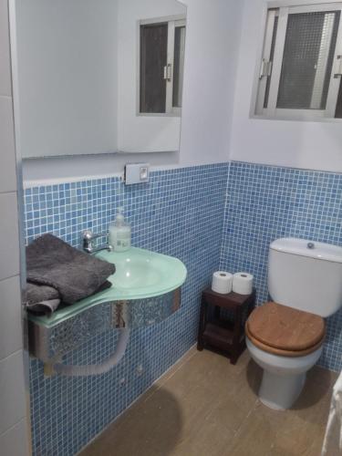 ein blau gefliestes Bad mit WC und Waschbecken in der Unterkunft DZ Apartamento in Alicante
