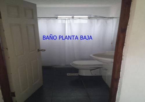 ein Bad mit einem WC und einem weißen Duschvorhang in der Unterkunft Alora in Piriápolis