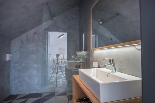 uma casa de banho com um lavatório, um espelho e uma câmara em Stella Sky em Liubliana