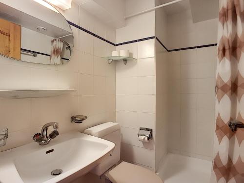een badkamer met een wastafel, een toilet en een spiegel bij Boucanier 002, appartement avec jardin in Verbier