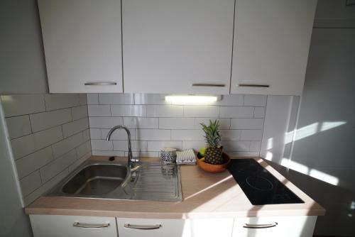una cocina con fregadero y encimera en Villa Korona Apartments, en Zadar