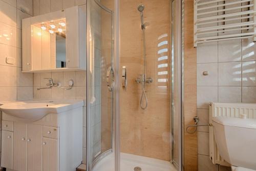 a bathroom with a shower and a sink at Stary Gdańsk in Gdańsk