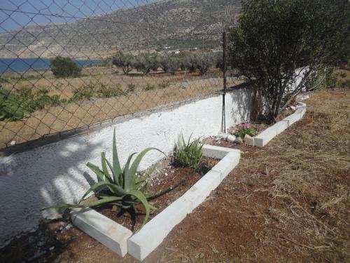 a garden with a fence and a pool of water at Papadiokampos Maissonete in Roússa Límni