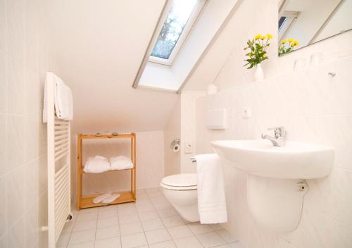 ein Badezimmer mit einem Waschbecken, einem WC und einem Dachfenster in der Unterkunft Hotel Haus Linden in Prerow