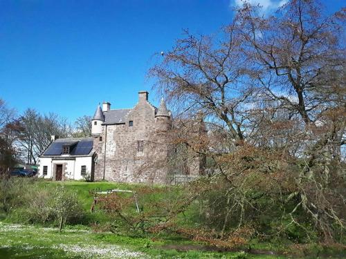 Inverbervie的住宿－Hallgreen castle，草地上的一座老石屋