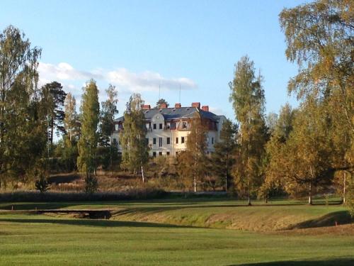 a large house sitting on top of a lush green field at Norrfly Herrgård in Kilafors
