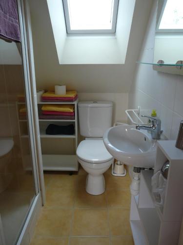 une salle de bain avec toilettes, lavabo et fenêtre dans l'établissement Villanna, à Sainte-Anne-d'Auray