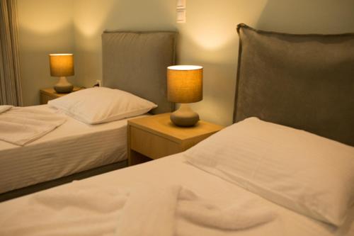 a bedroom with two beds and two lamps on night stands at Mare Studios Exclusive in Plomarion