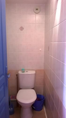 a bathroom with a white toilet and pink tiles at les Hauts du Lac in Sainte-Croix-de-Verdon