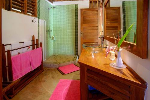 a bathroom with a sink and a shower at Les Hibiscus Nosy-Be in Djamandjary