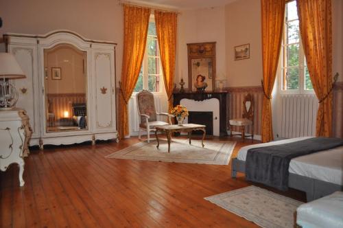 a bedroom with a bed and a fireplace at Château Logis de Roche in Clairac