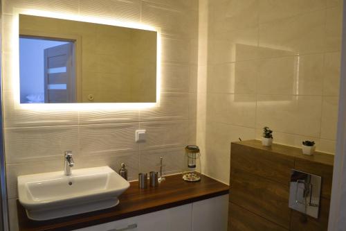 a bathroom with a sink and a mirror at Apartament Horyzont 405 Międzyzdroje in Międzyzdroje