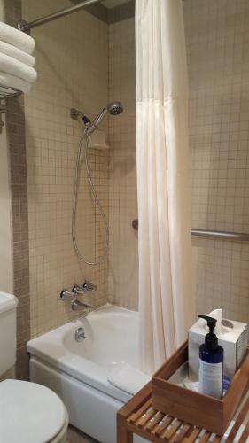 y baño con ducha, aseo y bañera. en Quillayute River Resort, en Forks