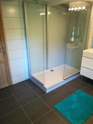 une salle de bain avec une douche avec une porte vitrée dans l'établissement s'YVOUX plaît, à La Chapelle