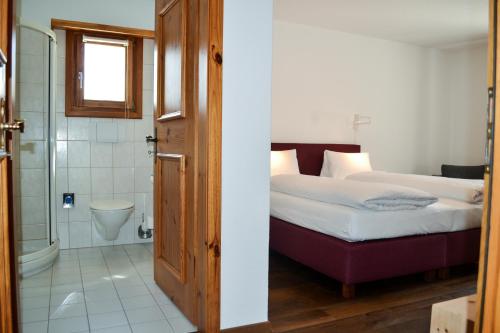 a bedroom with a bed and a bathroom with a shower at Schorta's Alvetern in Ardez